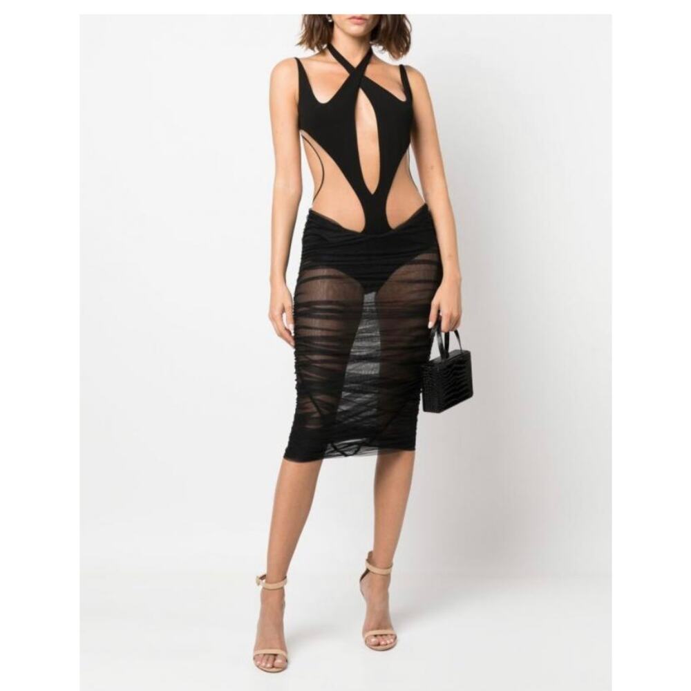 MUGLER Cut Out Halter Panel Sheer Bodysuit Dress Black 46